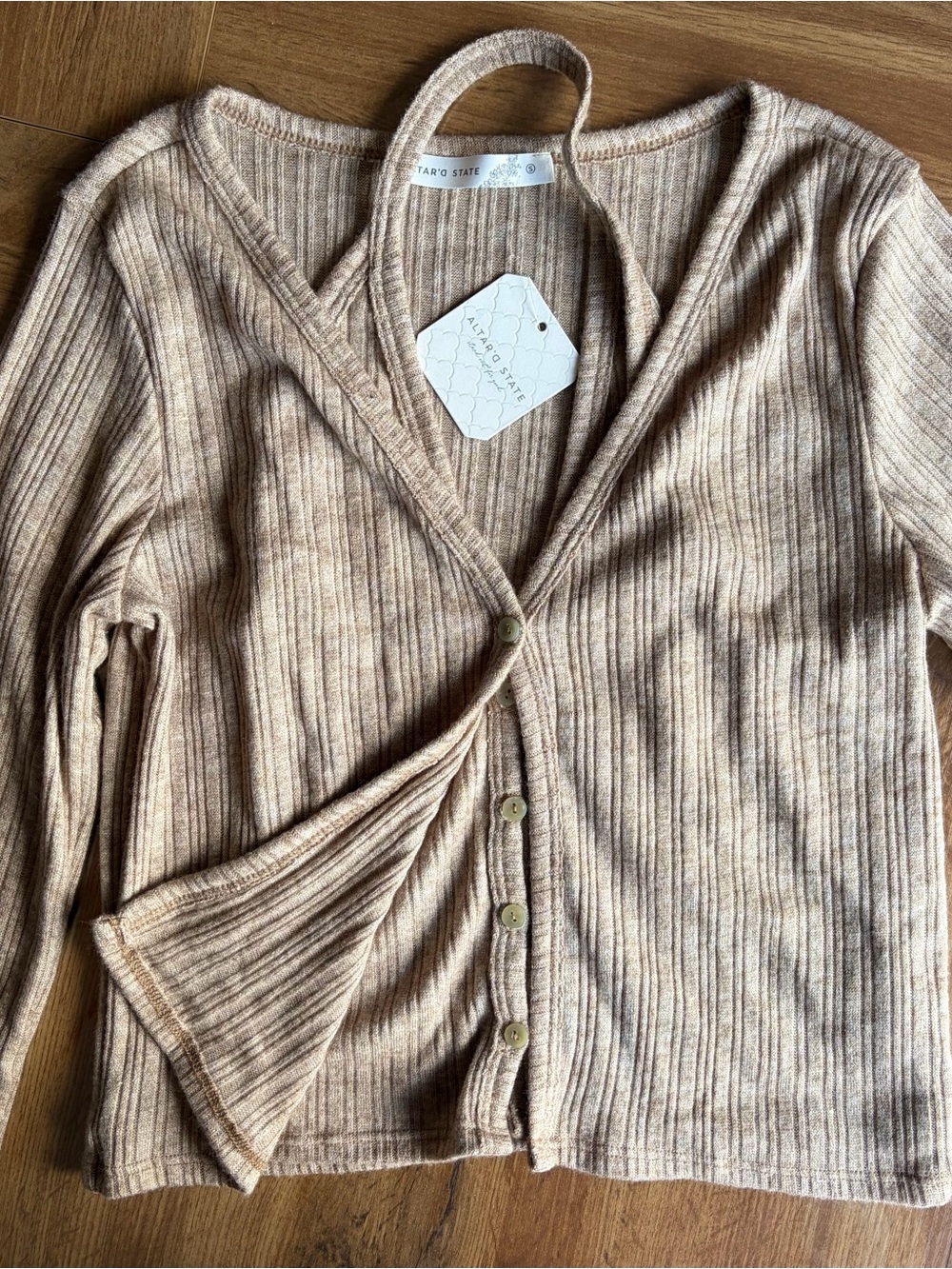 Altard State Ribbed Button-Front Sweater Halter Neck Shirt Cardigan - Mocha S